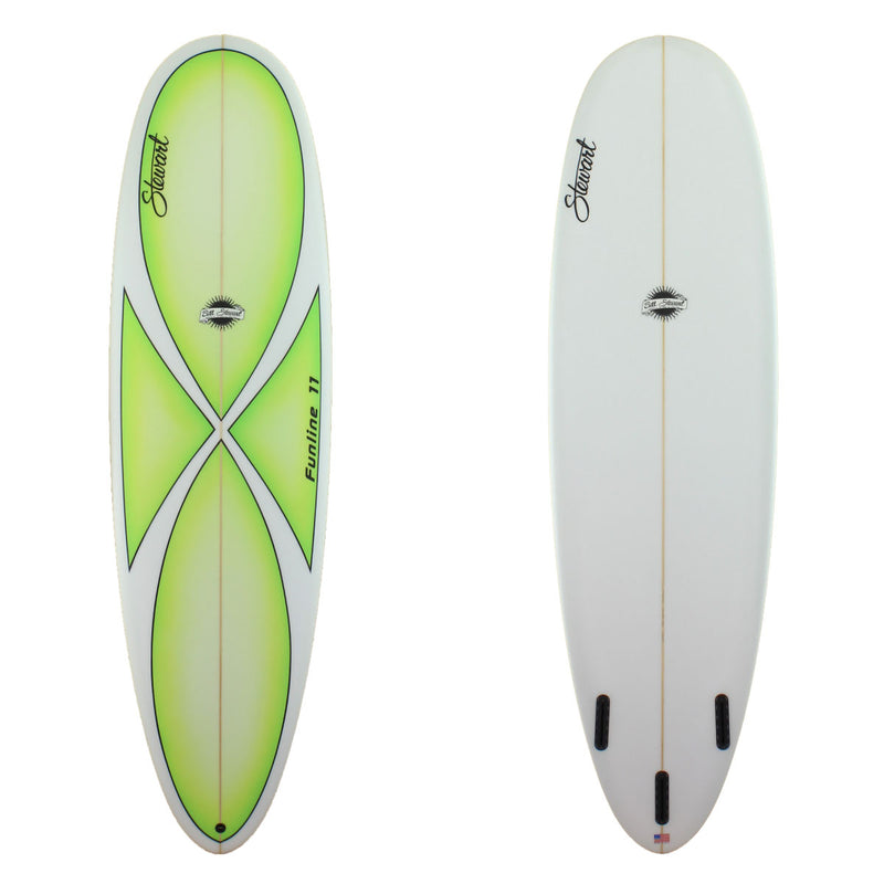 Stewart Surfboards 7'2 FUNLINE 11 with green abstract deck panels and black pinlines, clear white bottom and rails