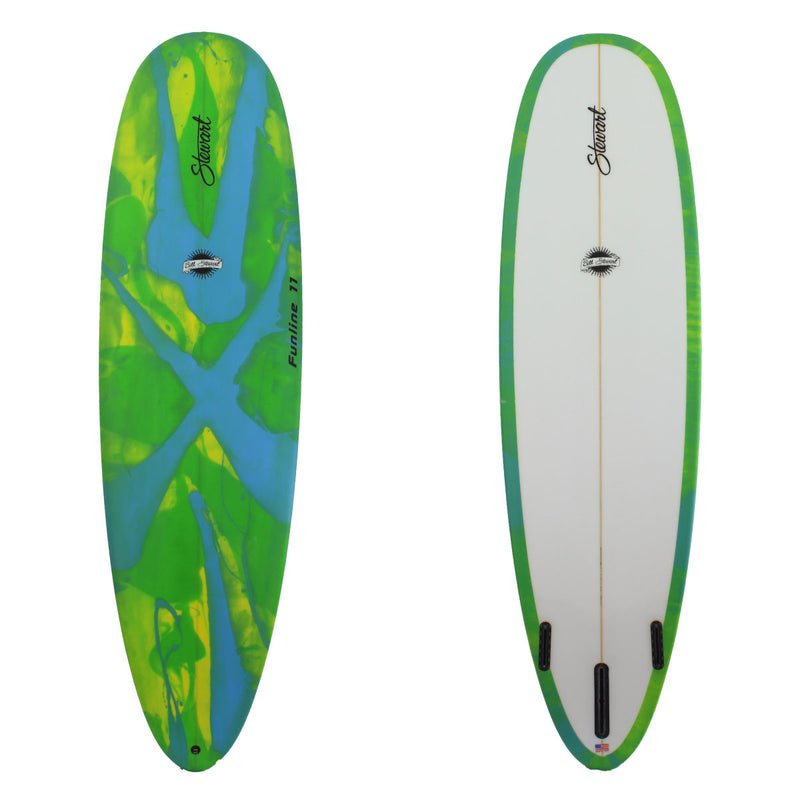 top and bottom view of funline 11 with green and blue resin swirl on deck