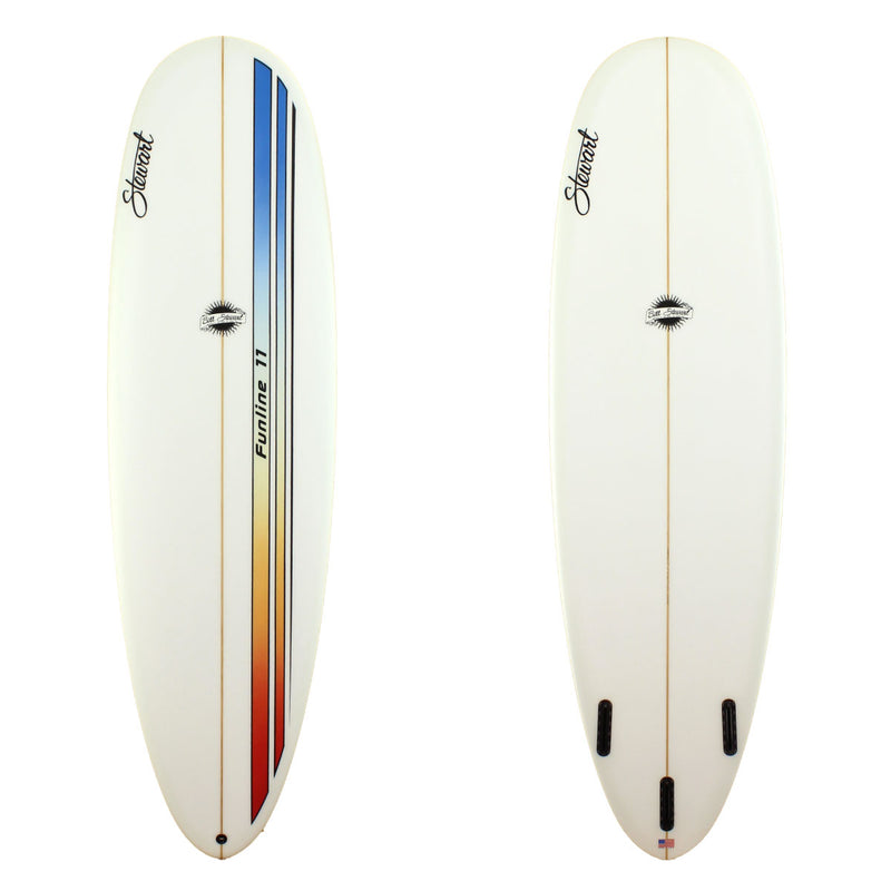 Stewart Surfboards 7'0 FUNLINE 11 with blue, yellow, red stripes with black pinlines, clear white bottom and rails