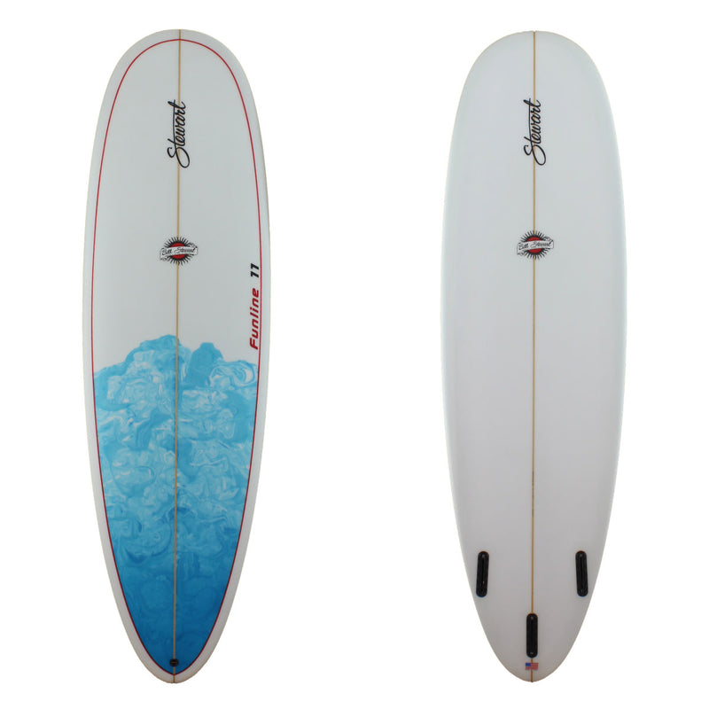 Deck and bottom view of Funline 11 with red pinline on deck and blue swirl paint on deck