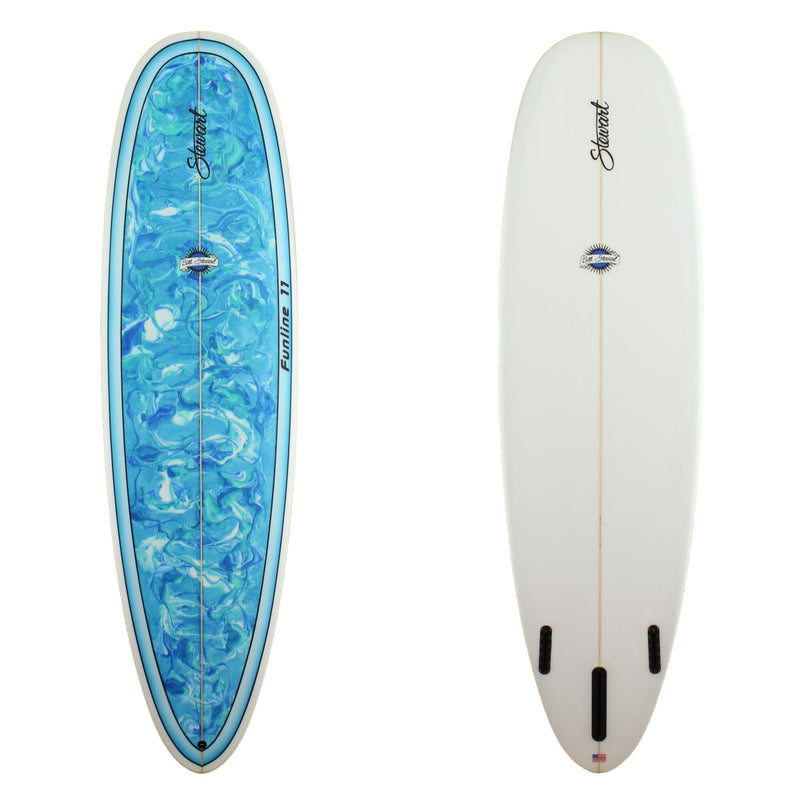 Deck and bottom view of a Stewart funline 11 mid-length with blue paint swirl surrounded by a light fade of blue around the rails