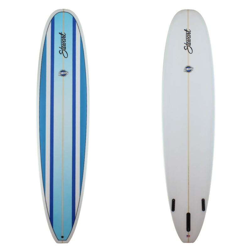 Deck and bottom view of a Stewart Hydro Hull longboard with different shades of painted blue lines on the deck