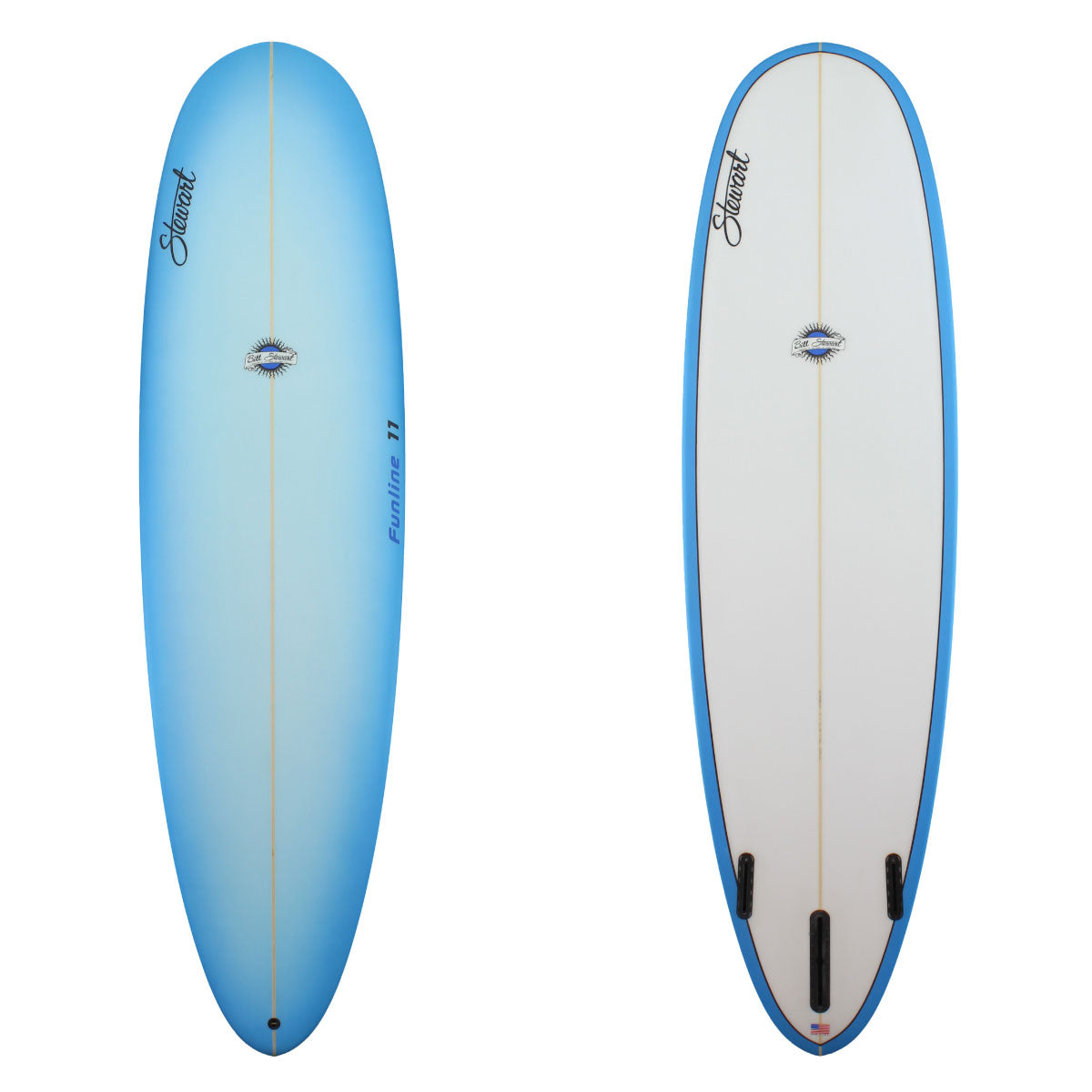 a stewart funline 11 poly mid length with a blue rail spray fading to center and a black pinline on the underside lap line