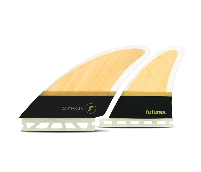 Two surfboard fins with 'Controller' and 'futures' branding on a white background