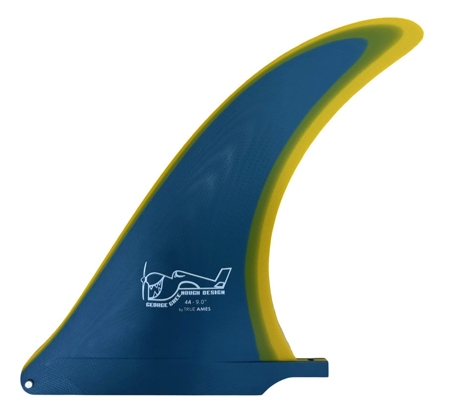 A blue and yellow fin wing for a sailboat, featuring white printed branding and specifications on the blue section, set against a plain white background.
