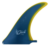 A blue and yellow fin wing for a sailboat, featuring white printed branding and specifications on the blue section, set against a plain white background.