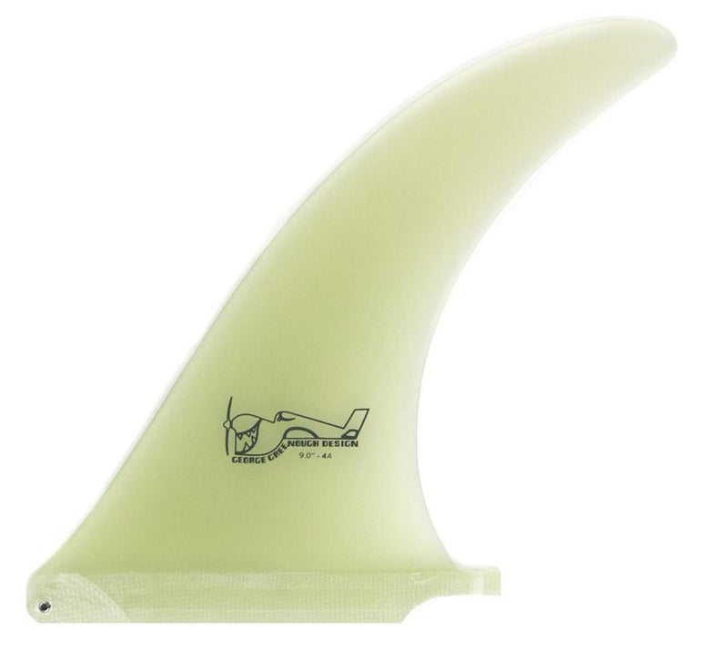 A black surfboard fin with a white logo on it, labeled 'Greenough 4-A'.