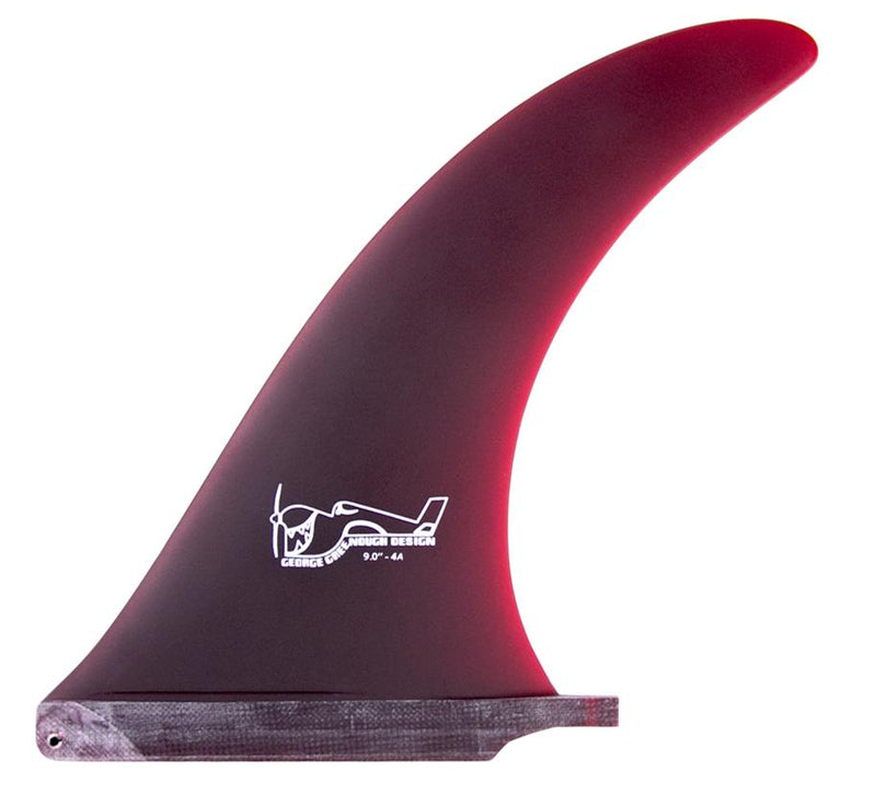 A black surfboard fin with a white logo on it, labeled 'Greenough 4-A'.