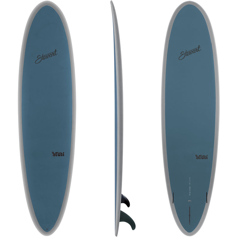 top, side, and bottom view of the Stewart HydroCush 2Fun mid length soft top surfboard