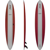 top, bottom, and side view of the Stewart HydroCush Clydesdale longboard soft top surfboard with white, grey, and red stripes