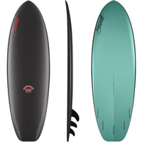 top, side, and bottom view of the Stewart HydroCush Fartknocker SBD alternative shortboard soft top surfboard with black foam top, emerald green hard bottom, and red logos