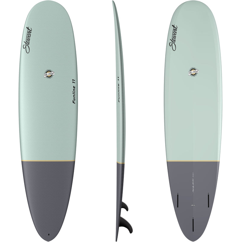 top, side, and bottom views of the Stewart HydroCush 7'0 Funline 11 mid length mini longboard soft top surfboard with sage green nose, grey tail, and gold accent line