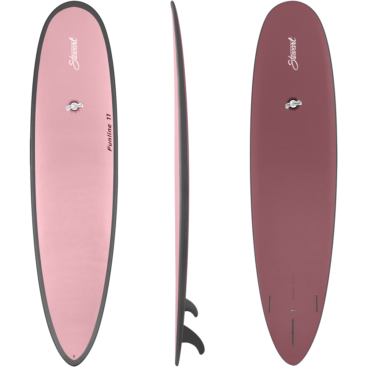 top, side, and bottom view of the Stewart 8'0 HydroCush Funline 11 mid length mini longboard soft top surfboard in Mauve with a mauve pink deck, dark pink bottom, and dark grey rails