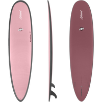 top, side, and bottom view of the Stewart 8'0 HydroCush Funline 11 mid length mini longboard soft top surfboard in Mauve with a mauve pink deck, dark pink bottom, and dark grey rails