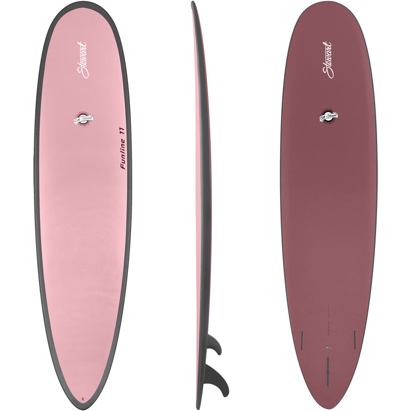 top, side, and bottom view of the Stewart 8'0 HydroCush Funline 11 mid length mini longboard soft top surfboard in Mauve with a mauve pink deck, dark pink bottom, and dark grey rails