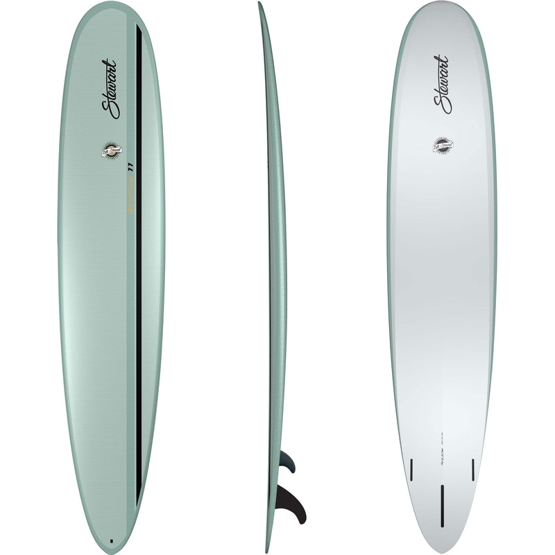 top, side, and bottom views of the Stewart HydroCush Redline 11 longboard soft top surfboard with tonal sage green deck with black stripe and light grey bottom