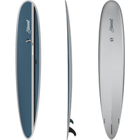 top, side, and bottom views of the Stewart HydroCush Redline 11 soft top longboard surfboard with slate, grey and black deck and grey bottom