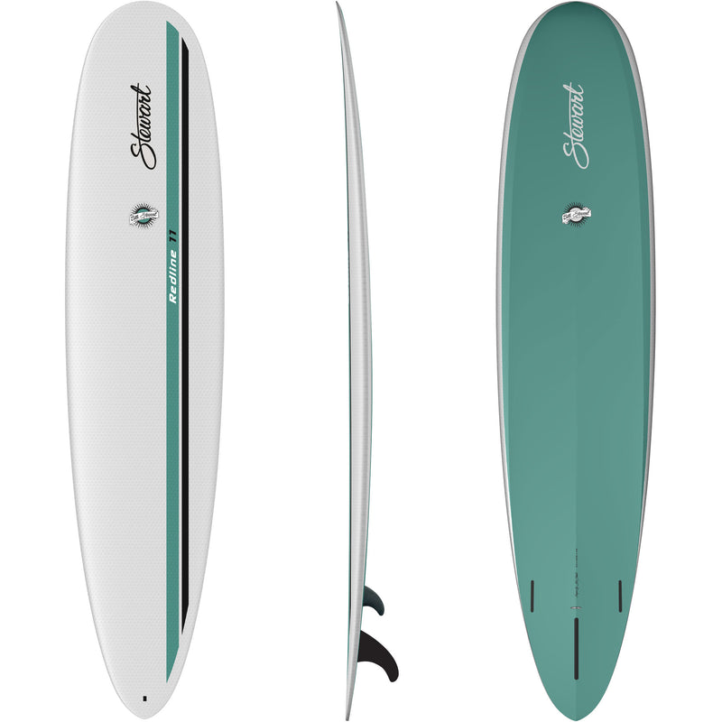 top, side, and bottom views of the Stewart HydroCush Redline 11 soft top longboard surfboard with light grey deck with emerald green and black stripes and emerald green bottom