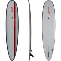 top, side, and bottom views of the Stewart HydroCush Redline 11 soft top longboard surfboard with grey, black, and red deck and grey bottom