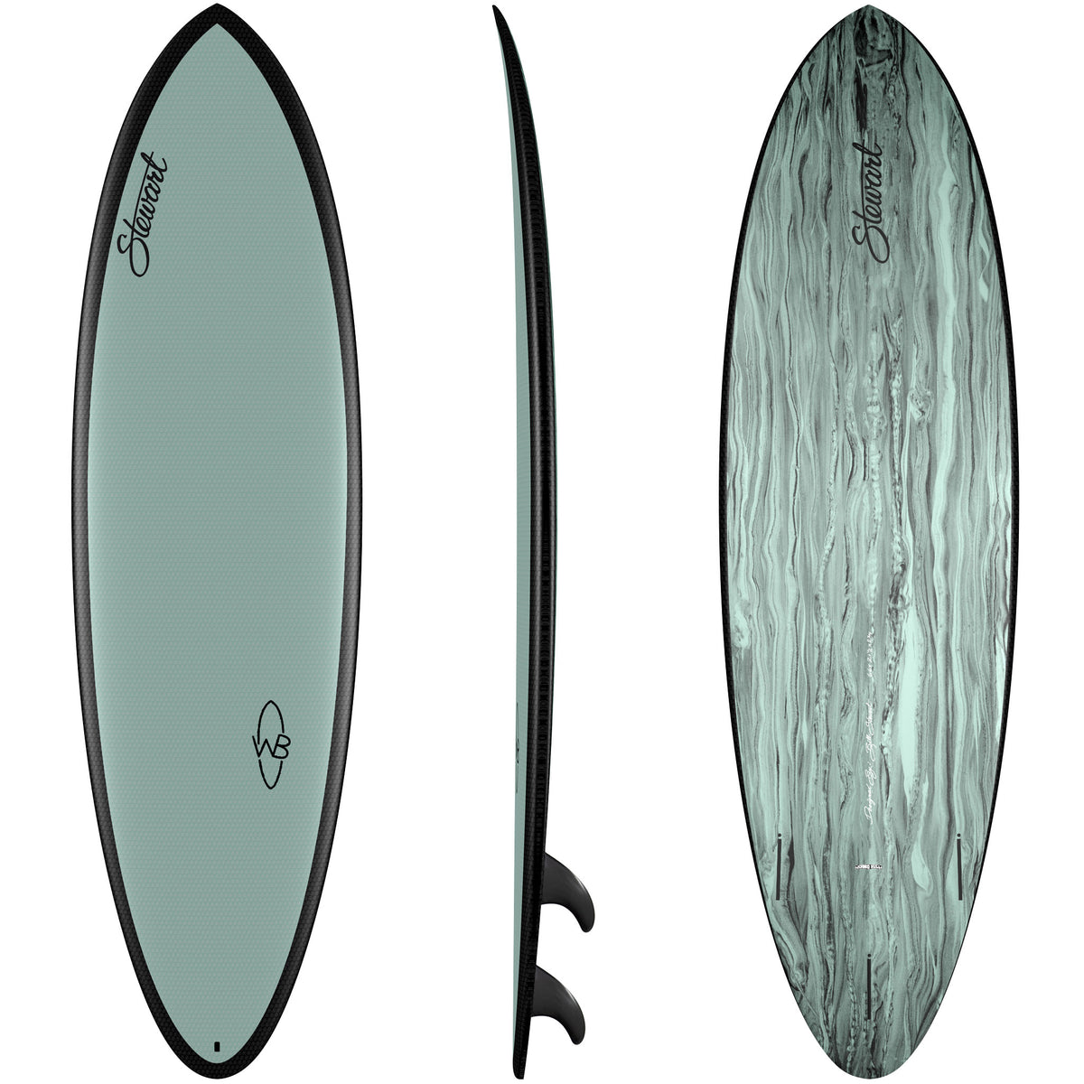 top, side, and bottom views of the Stewart HydroCush Wild Bill soft top mid length surfboard sage green deck, black rails, and sage/black swirl bottom