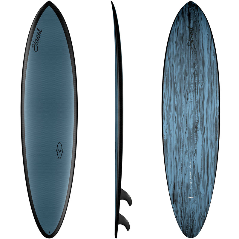 top, side, and bottom views of the Stewart HydroCush Wild Bill soft top mid length surfboard slate blue deck, black rails, and slate/black swirl bottom