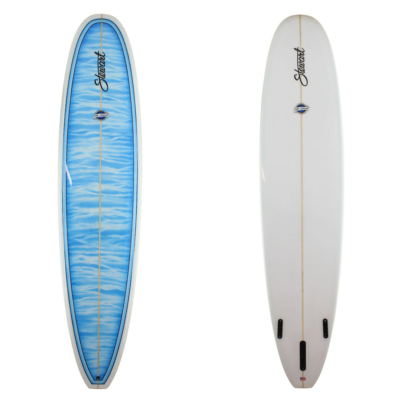 Stewart HydroHull Longboard with a blue ocean pattern on deck with pinlines