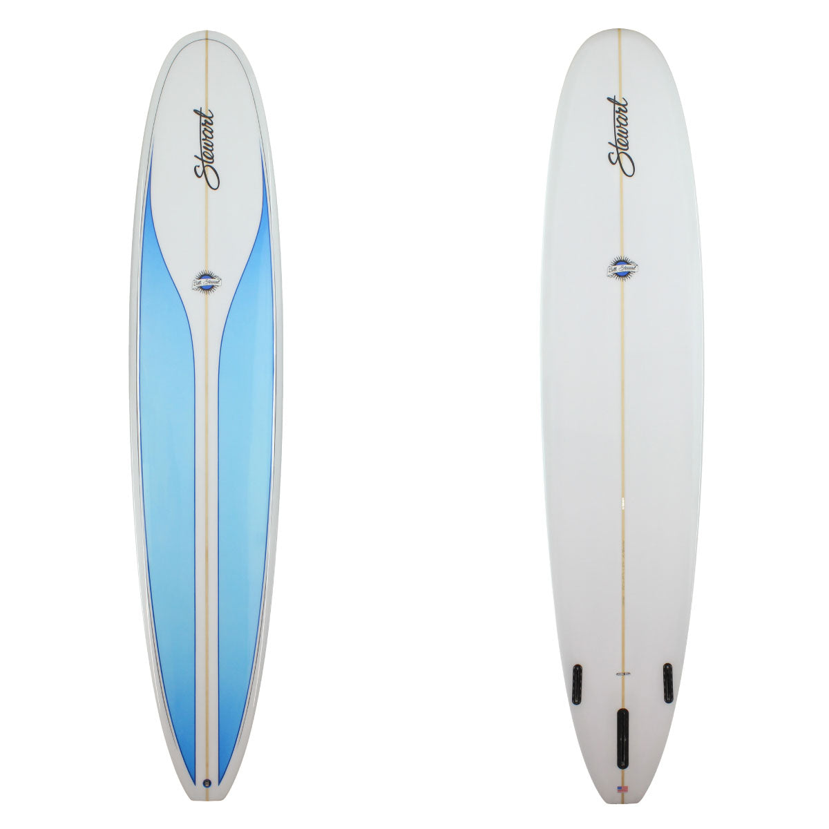 hydro hull long board surf board with 2 blue panels on the deck and black pinlines 