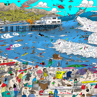 Colorful illustration of a beach scene with people, activities, and various elements.