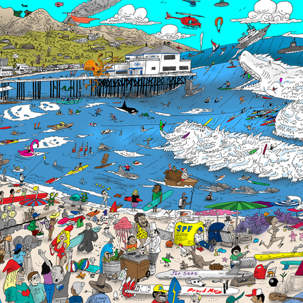 Colorful illustration of a beach scene with people, activities, and various elements.