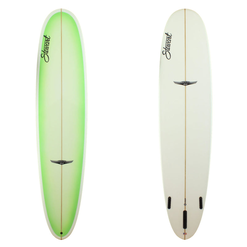 Stewart Surfboards 9'0" Mighty Flyer with green fade deck panel and clear white bottom and rails