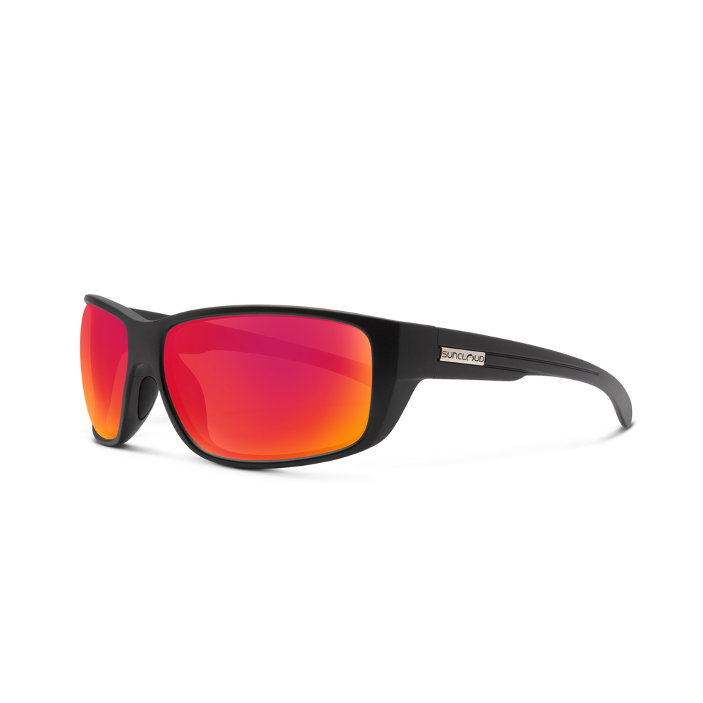 Sunglasses with black frame and red lenses on a white background