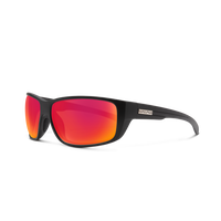 Sunglasses with black frame and red lenses on a white background