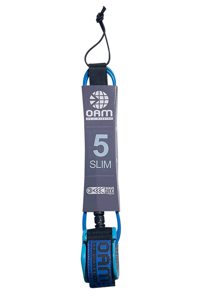 ON A MISSION blue surfboard leash with OAM branding on a white background