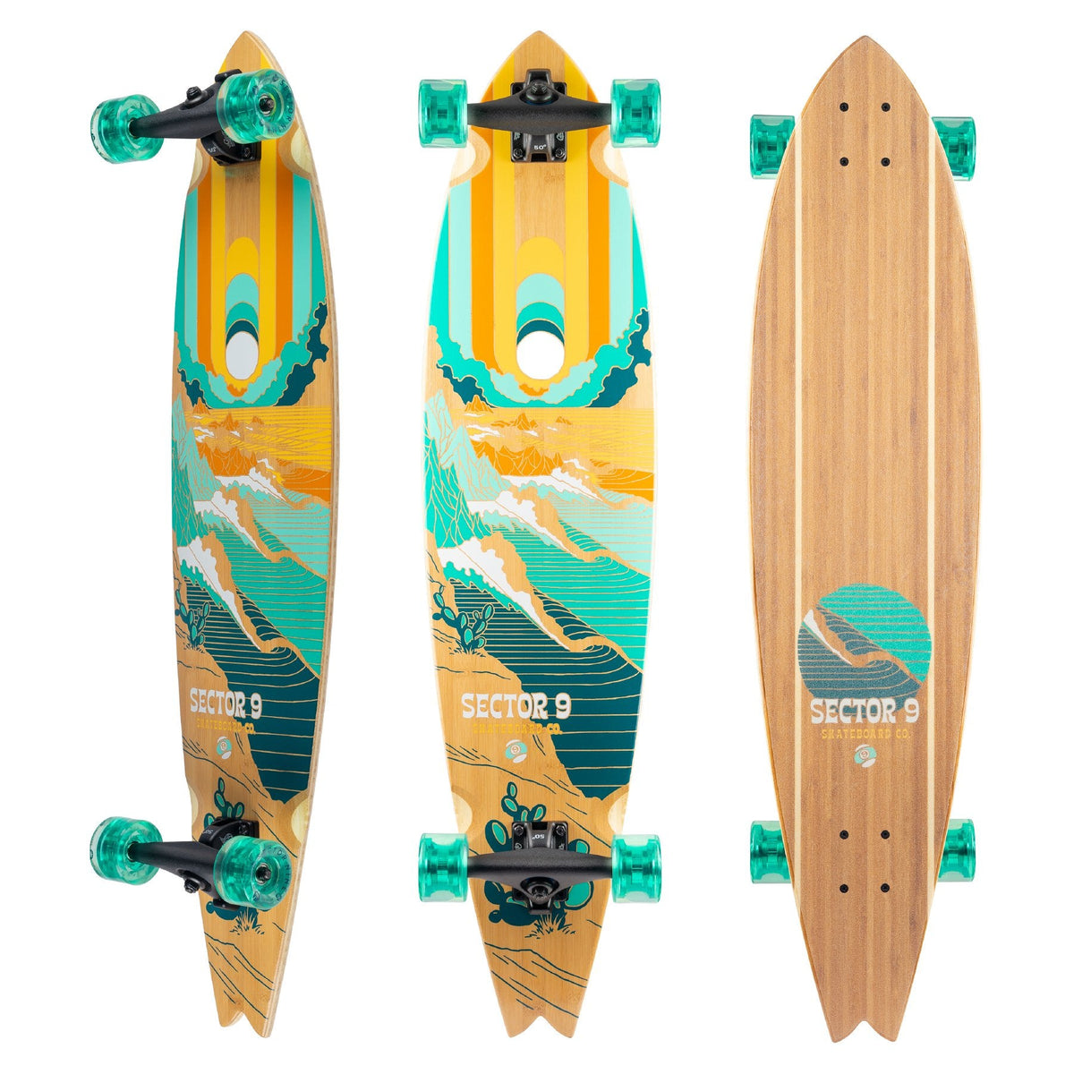 Three Sector 9 skateboards with different designs on a white background