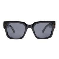 A pair of black polarized sunglasses with a square frame design, featuring a hydrophobic coating and UV protection.