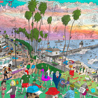 Colorful illustration of a beach scene with people, palm trees, and a pier.