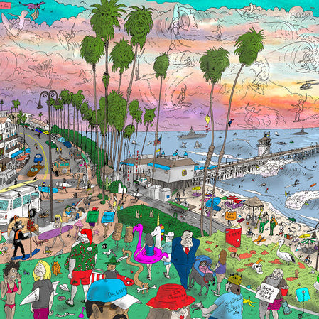 Colorful illustration of a beach scene with people, palm trees, and a pier.