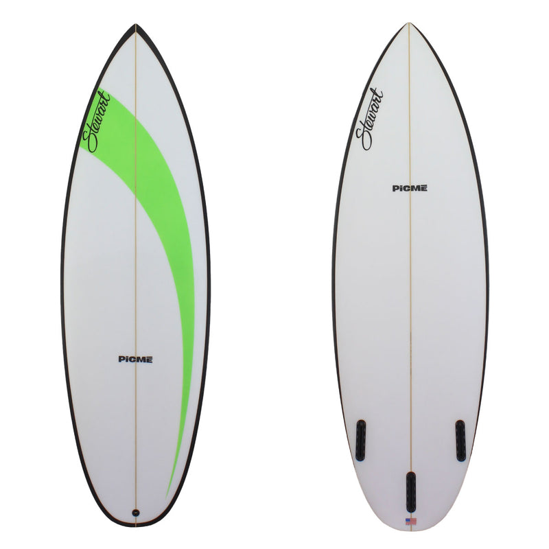 pigme shortboard with blak rails and a green swoosh 