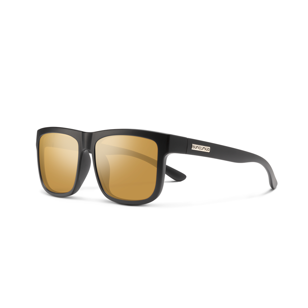 Sunglasses with black frame and gold lenses on a white background