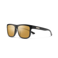 Sunglasses with black frame and gold lenses on a white background