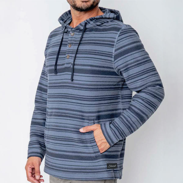 Man wearing a blue striped hoodie against a white background