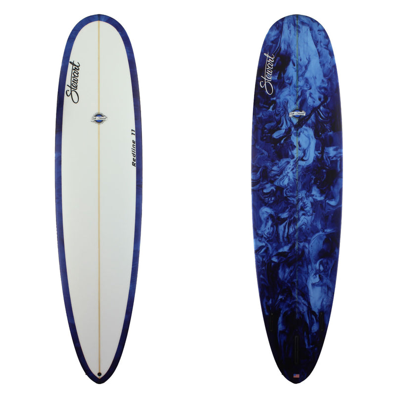 Stewart Surfboards Redline 11 longboard (9'0", 24 1/4", 3") with dark purple and blue resin swirl bottom and rails