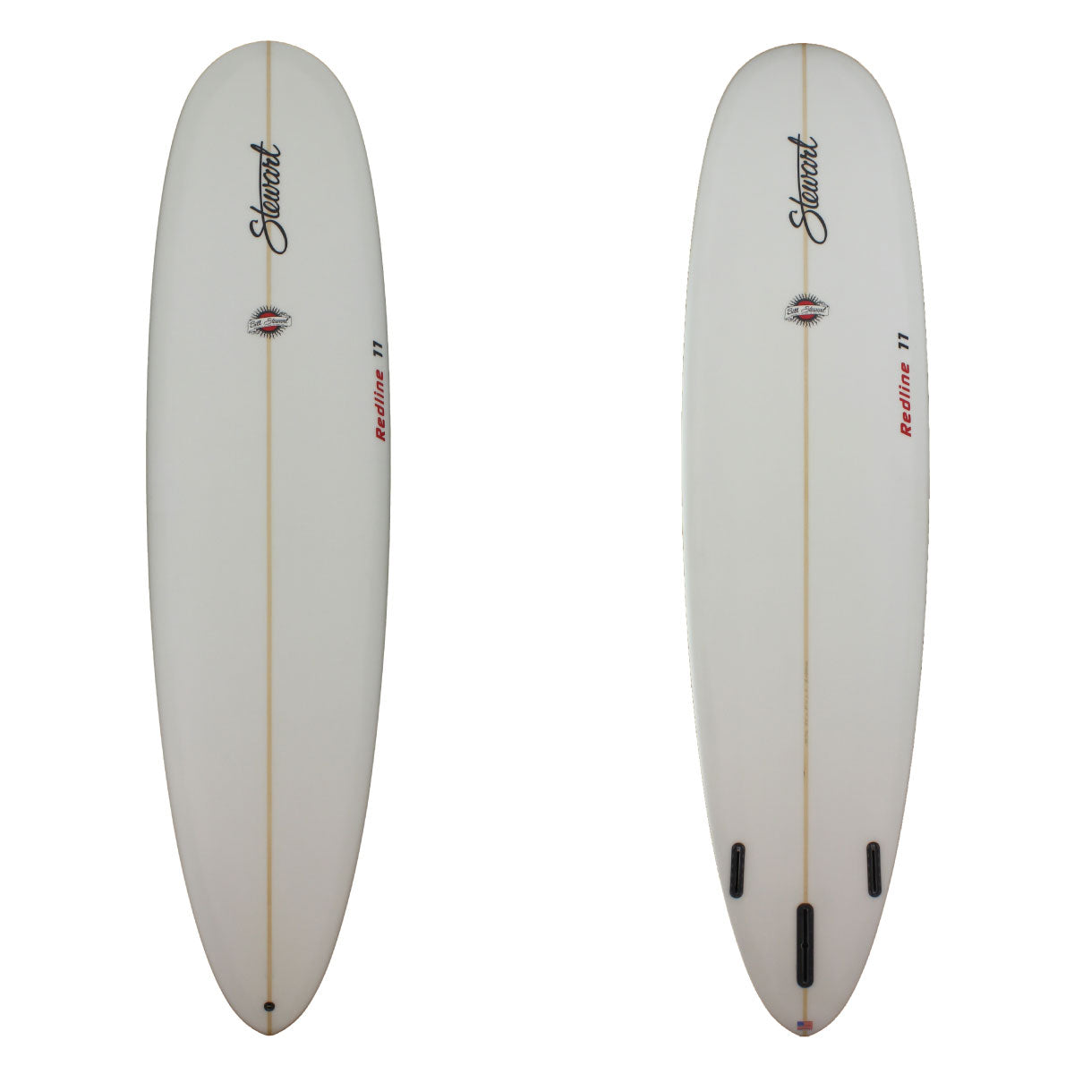 Stewart Surfboards Redline 11 longboard with clear white deck and bottom