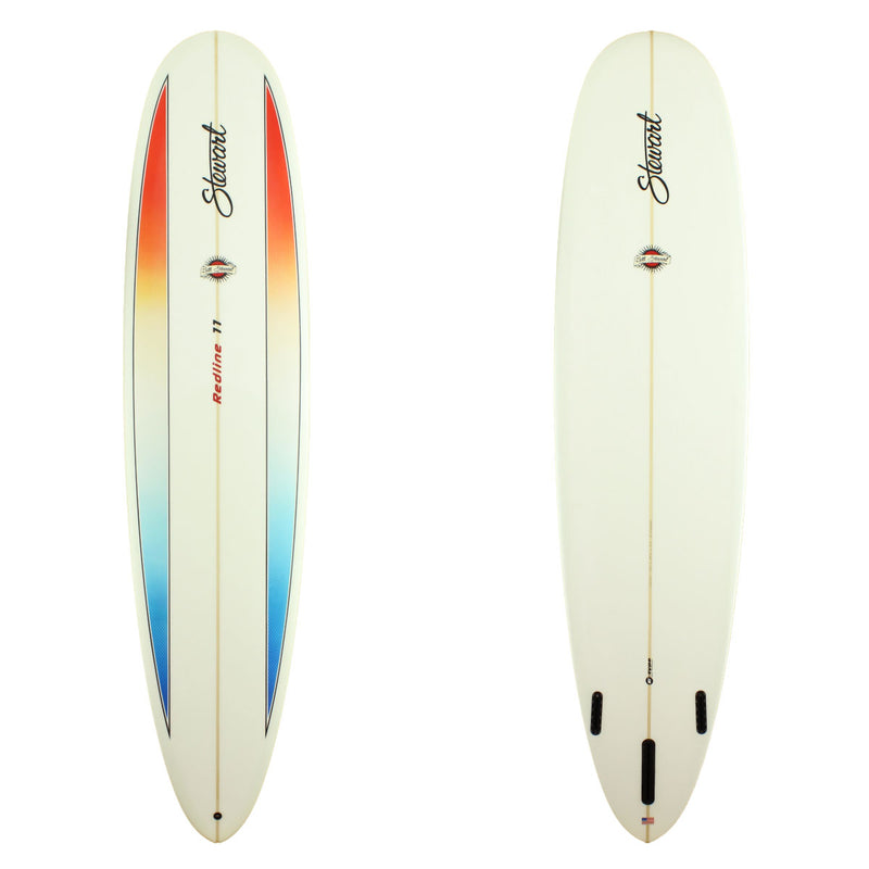 Stewart Surfboards Redline 11 longboard (9'0", 23 1/4", 3 1/4") with multi-colored deck panels and black pinlines