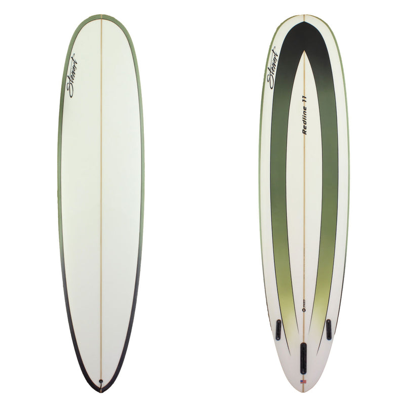 Stewart Surfboards Redline 11 longboard (9'0", 23 1/2", 3 1/4") with green to black rails and bottom panels