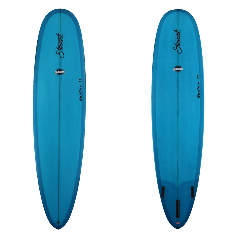 Deck and bottom view of a Stewart Redline 11 longboard with blue resin tint bottom and deck