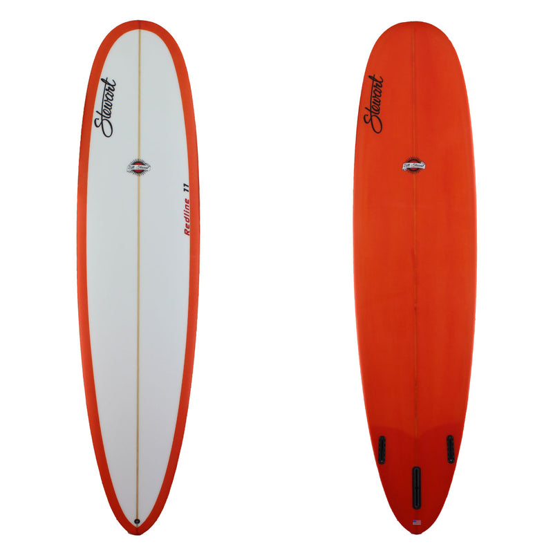Deck and bottom view of a Stewart Redline 11 longboard with orange resin tint bottom and rails 