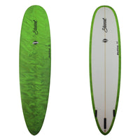 Deck and bottom view of a Stewart Redline-11 Longboard with green swirl resin color deck and a sand finish