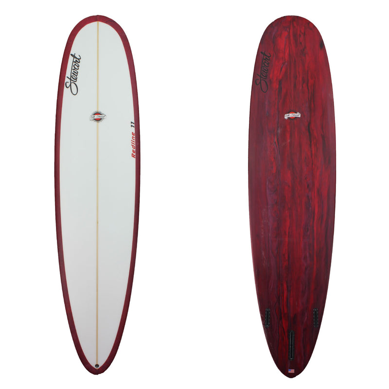 deck and bottom view of stewart redline 11 with red swirl on bottom