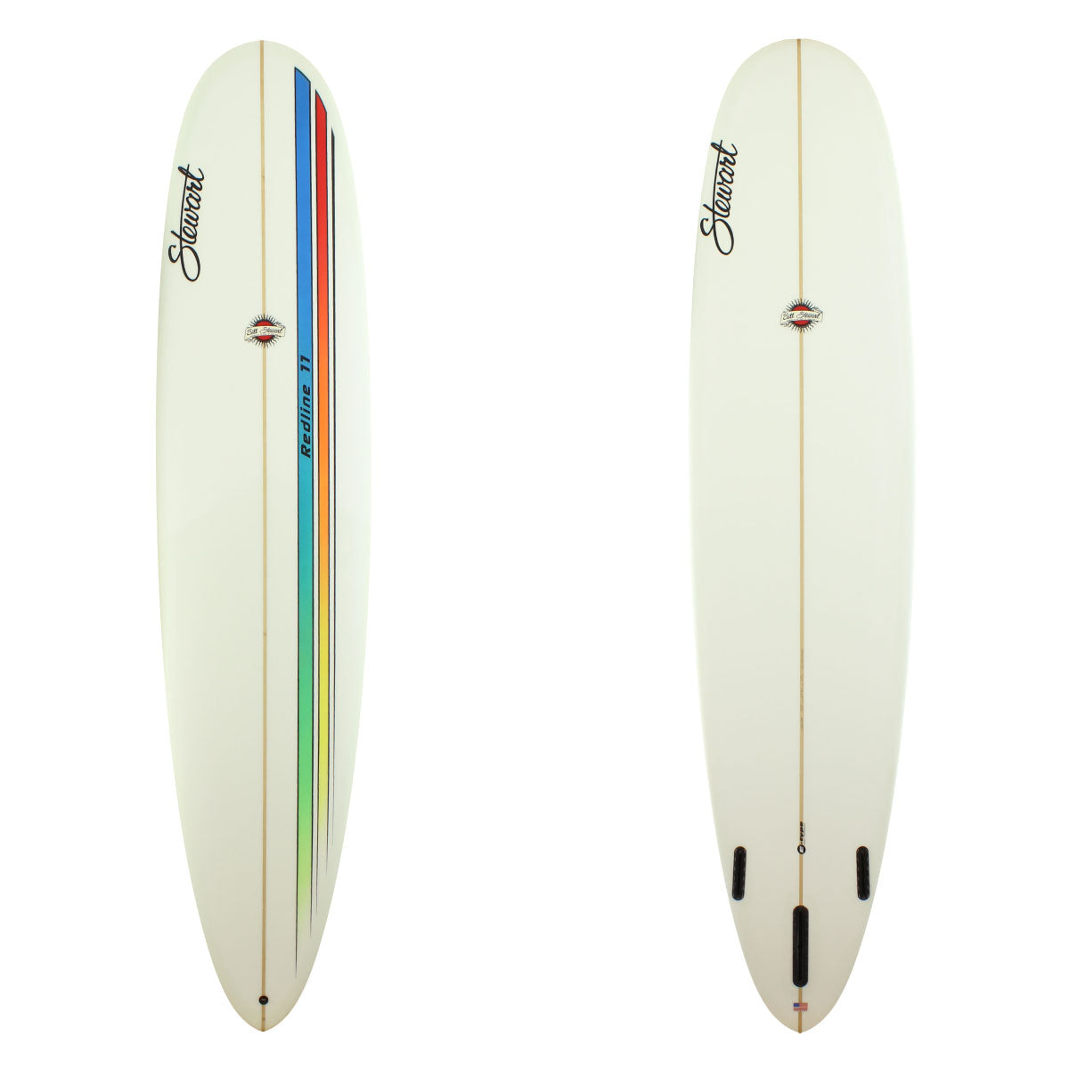 Stewart Surfboards Redline 11 longboard with clear multi colored stripes on deck, clear bottom